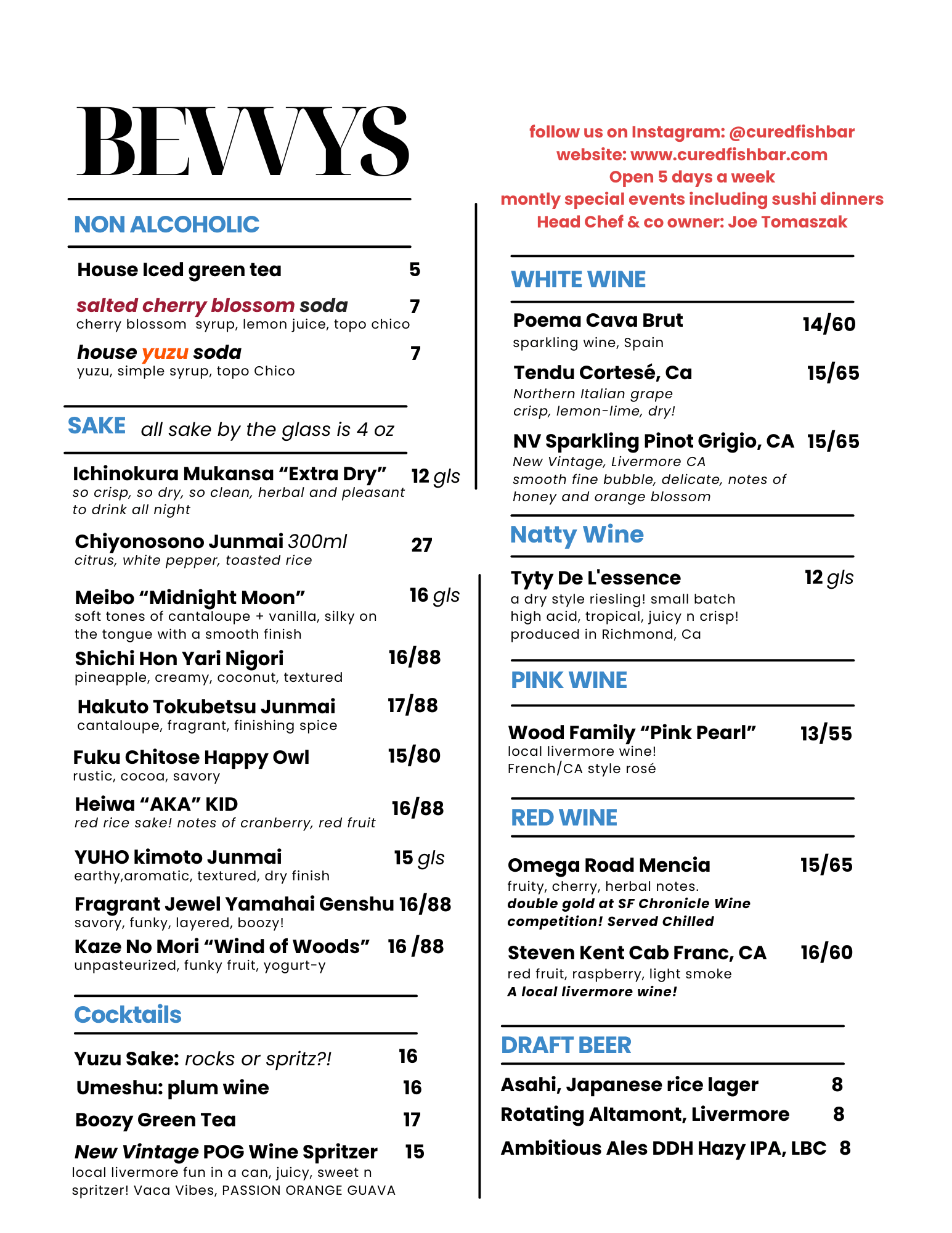 Cured Fish Bar beverage menu featuring sake, cocktails, wine, and beer