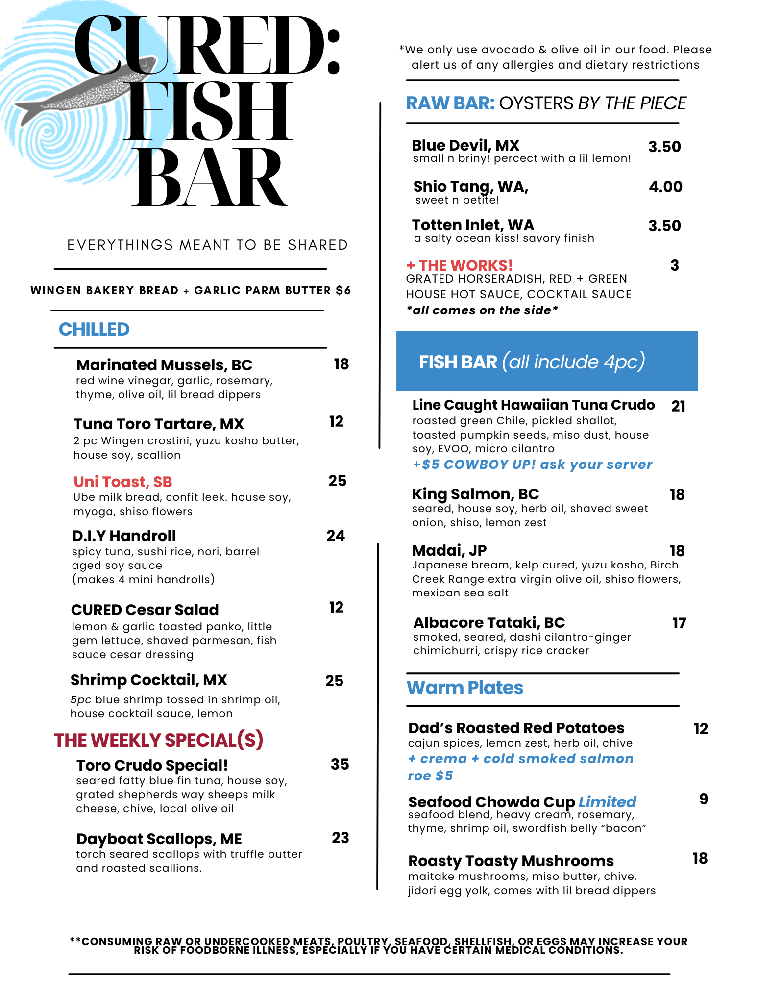 Cured Fish Bar food menu featuring oysters, crudo, small plates, and warm plates